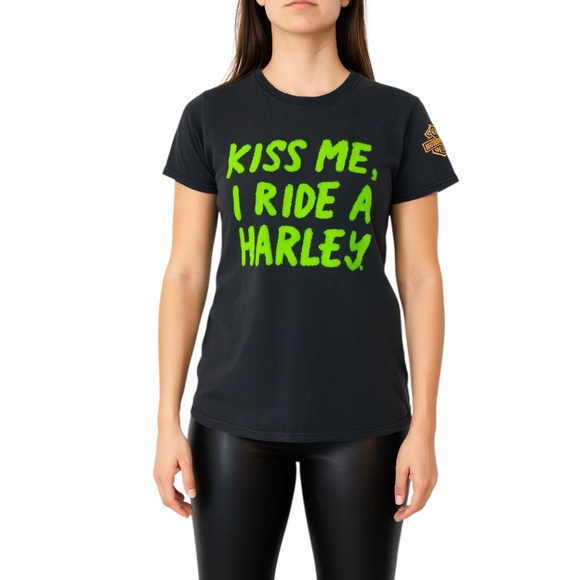 Harley Davidson Kiss Me I Ride a Harley black green crew neck t shirt 2XL - Picture 1 of 14